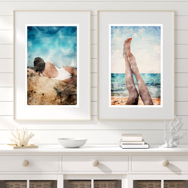 Set of 2 Gallery Wall Beach Art Prints | DIGITAL DOWNLOAD | Watercolor Beach Theme Poster Prints for Bathroom, Entryway or Living Room Decor