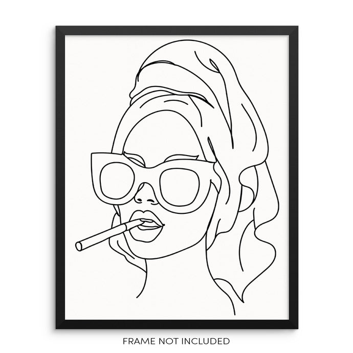 Abstract Woman Line Drawing Art Print Smoking Girl with Towel Poster
