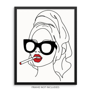 Abstract Line Drawing Smoking Woman with Towel Wall Decor Art Print