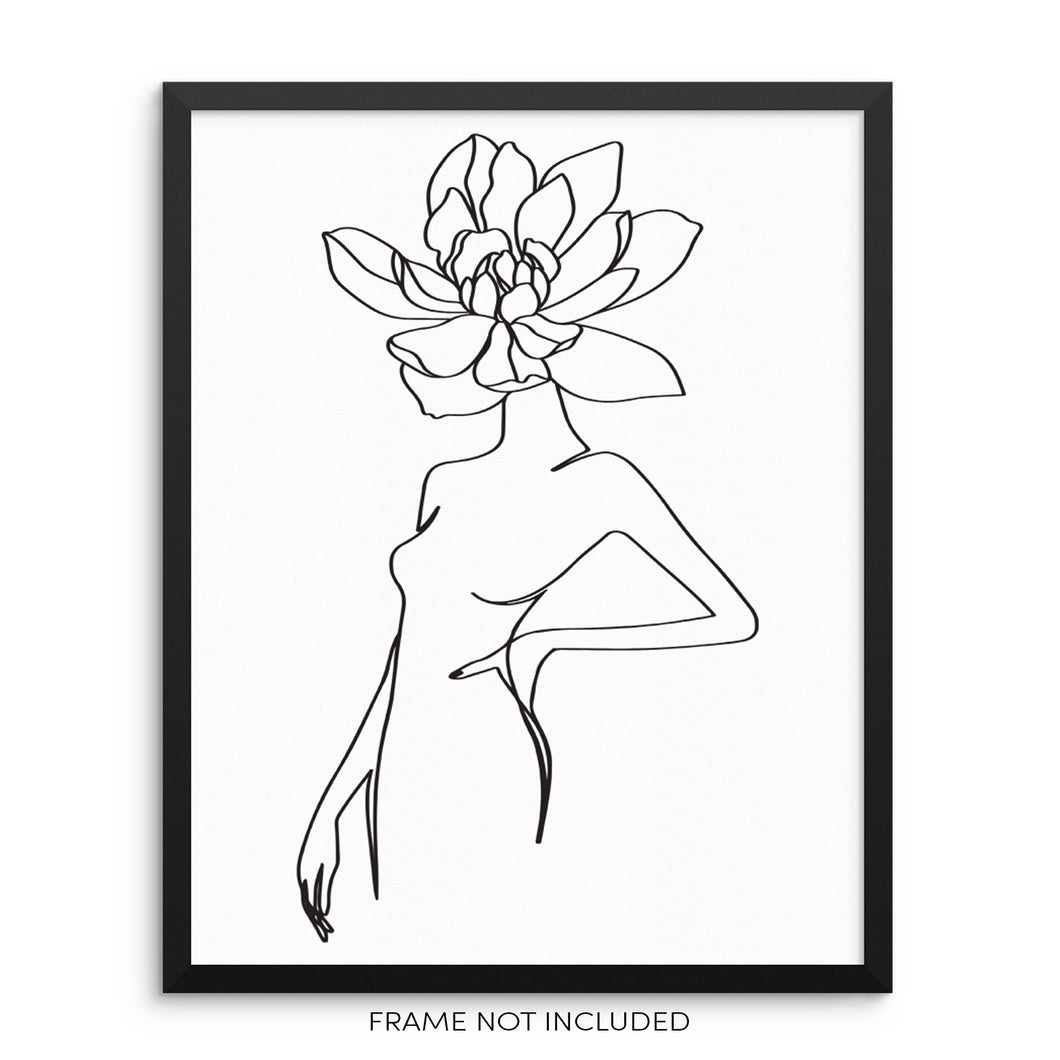 Abstract Woman's Body Shape with Flower Line Drawing Wall Art Print