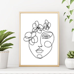 Abstract Line Drawing Woman's Face with Flowers Minimalist Art Print