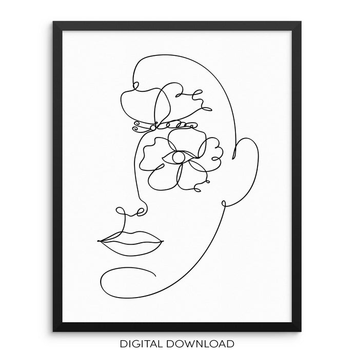 Abstract Woman's Face with Flower One Line Art Print DIGITAL DOWNLOAD