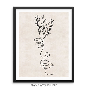 One Line Wall Art Print Abstract Woman's Face with Leaves Poster